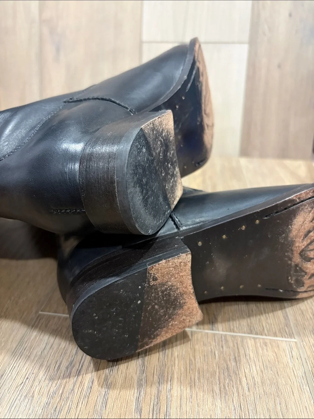 Frye Melissa Two Tone Logo Black Brown Leather Pull-On English Riding Boots 8B